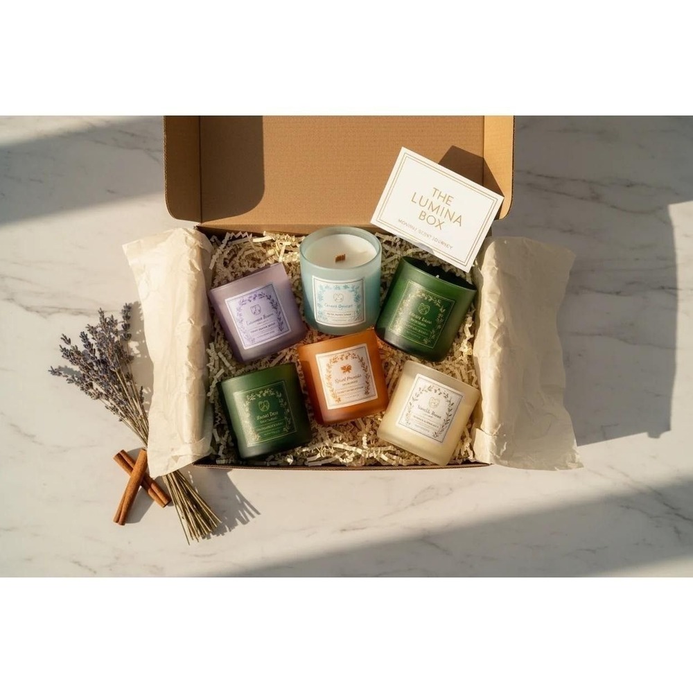 The Lumina Box Monthly Scent Journey 6-Piece Candle Gift Set Wooden Wick Frosted